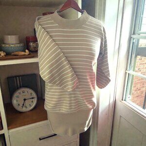 Vintage 80s Cristin Stevens Tan & White Stripe Sweater Suit 2-Piece Set